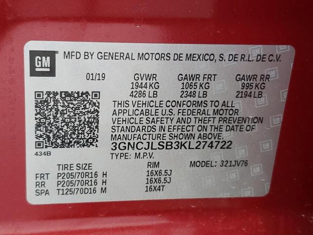 Photo 9 VIN: 3GNCJLSB3KL274722 - CHEVROLET TRAX 1LT 