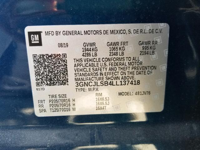 Photo 9 VIN: 3GNCJLSB4LL137418 - CHEVROLET TRAX 1LT 