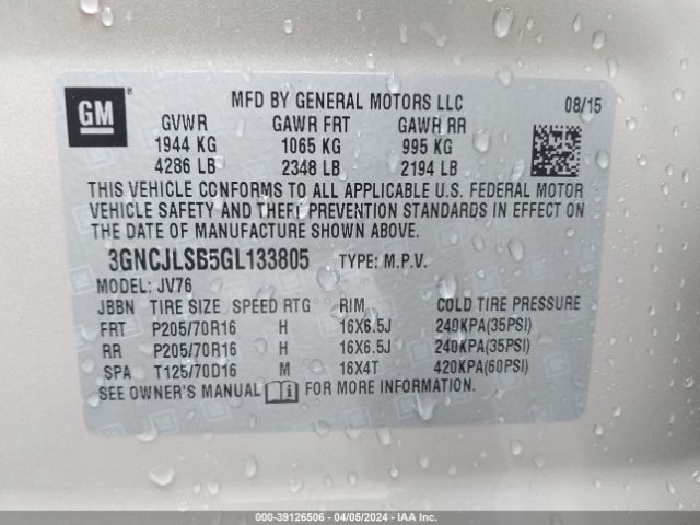 Photo 8 VIN: 3GNCJLSB5GL133805 - CHEVROLET TRAX 