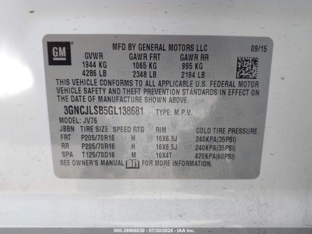 Photo 8 VIN: 3GNCJLSB5GL138681 - CHEVROLET TRAX 