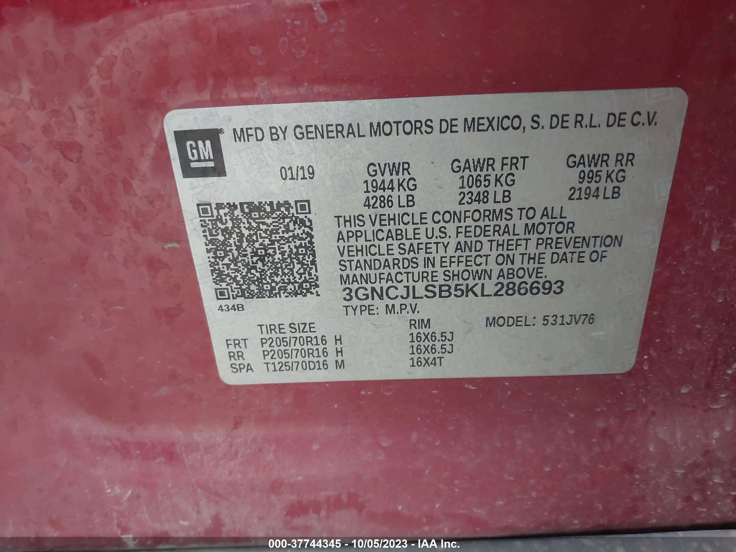 Photo 8 VIN: 3GNCJLSB5KL286693 - CHEVROLET TRAX 