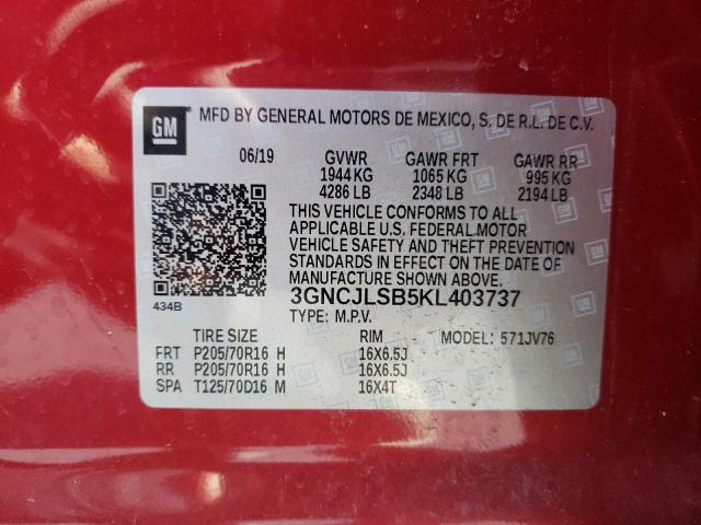 Photo 9 VIN: 3GNCJLSB5KL403737 - CHEVROLET TRAX 1LT 