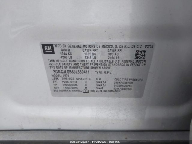 Photo 8 VIN: 3GNCJLSB6JL330411 - CHEVROLET TRAX 