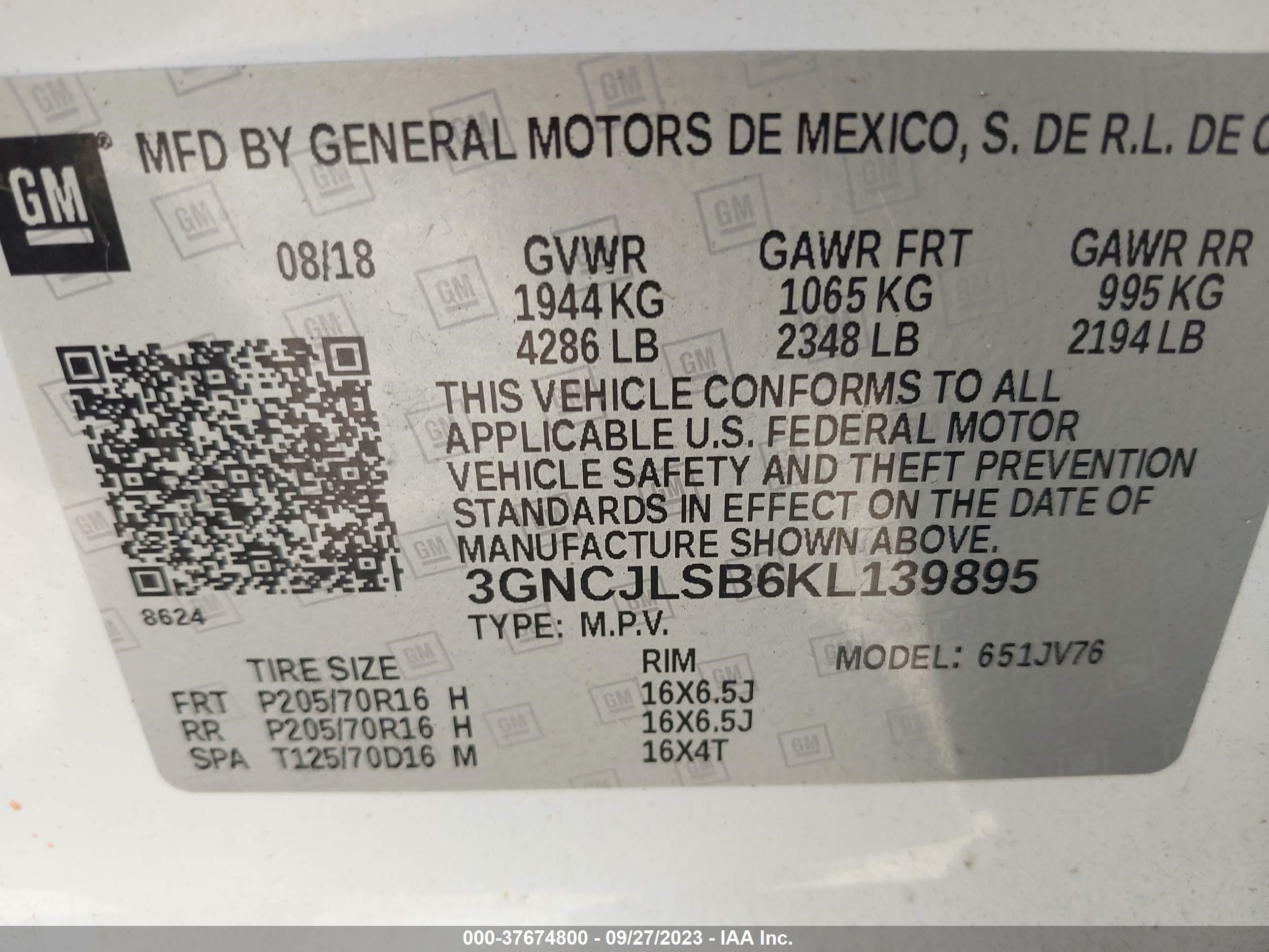 Photo 8 VIN: 3GNCJLSB6KL139895 - CHEVROLET TRAX 