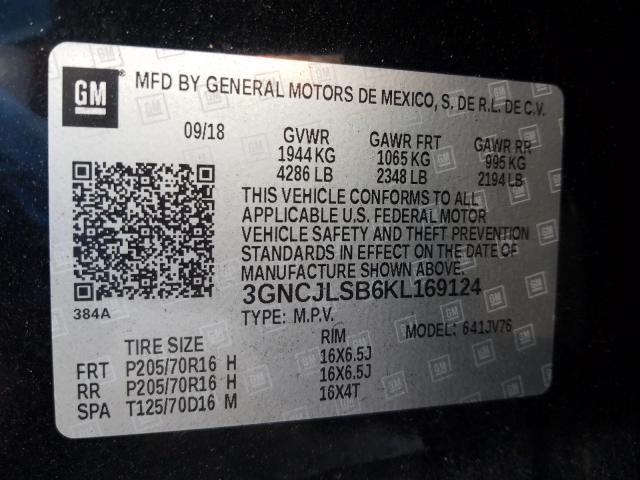 Photo 9 VIN: 3GNCJLSB6KL169124 - CHEVROLET TRAX 1LT 