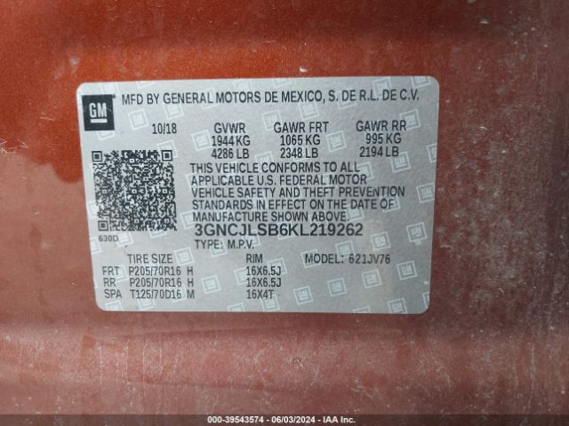 Photo 8 VIN: 3GNCJLSB6KL219262 - CHEVROLET TRAX 