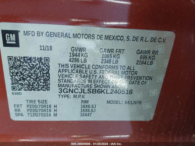 Photo 8 VIN: 3GNCJLSB6KL240516 - CHEVROLET TRAX 