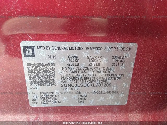 Photo 8 VIN: 3GNCJLSB6KL287206 - CHEVROLET TRAX 