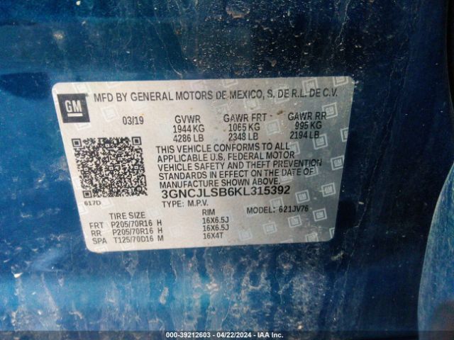 Photo 8 VIN: 3GNCJLSB6KL315392 - CHEVROLET TRAX 