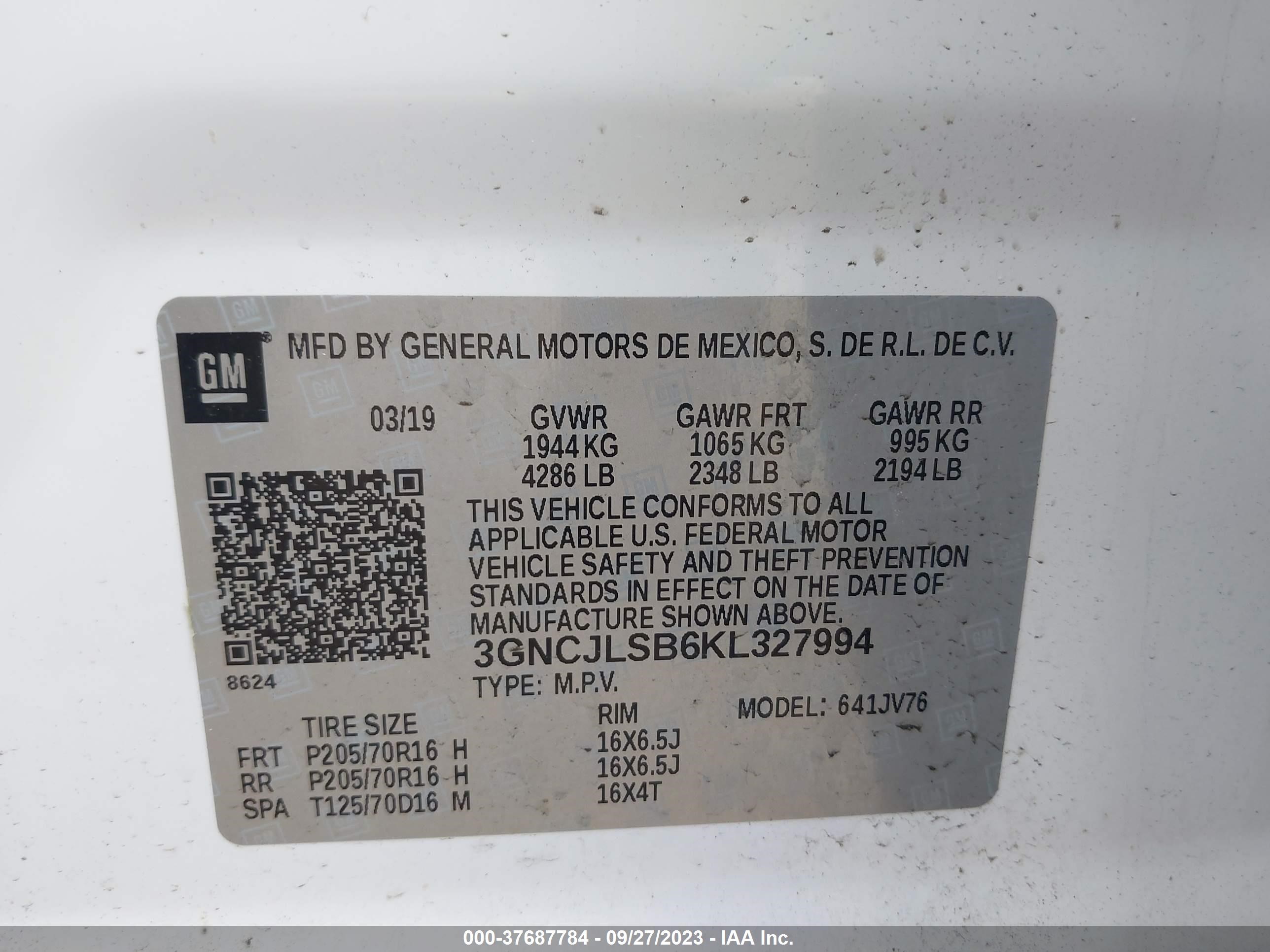 Photo 8 VIN: 3GNCJLSB6KL327994 - CHEVROLET TRAX 