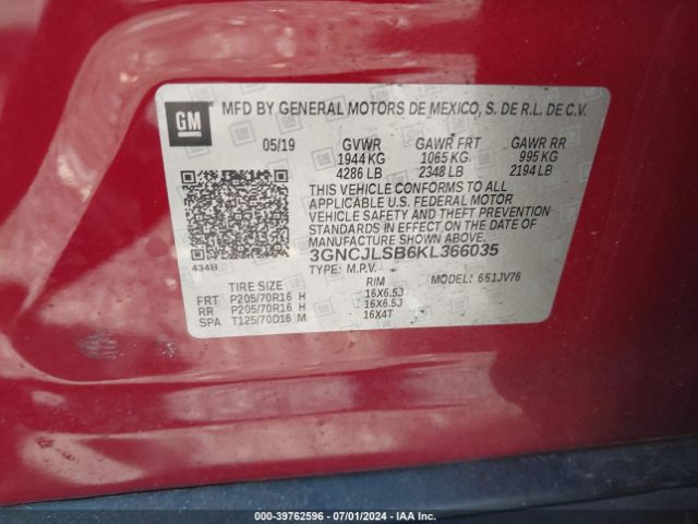 Photo 8 VIN: 3GNCJLSB6KL366035 - CHEVROLET TRAX 