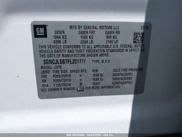 Photo 8 VIN: 3GNCJLSB7FL251711 - CHEVROLET TRAX 