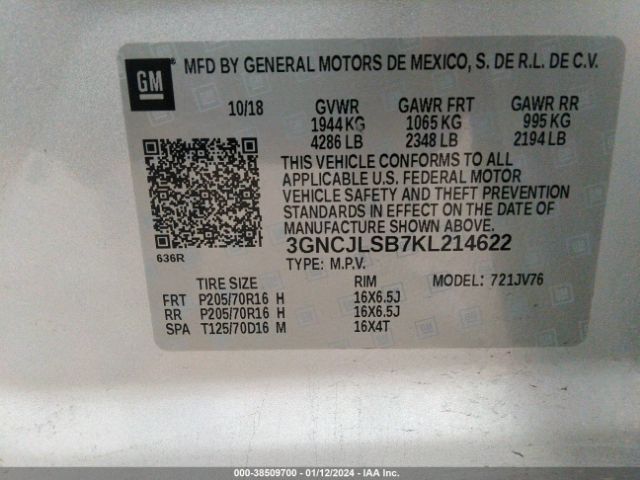 Photo 8 VIN: 3GNCJLSB7KL214622 - CHEVROLET TRAX 