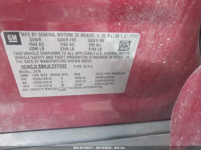 Photo 8 VIN: 3GNCJLSB8JL237292 - CHEVROLET TRAX 