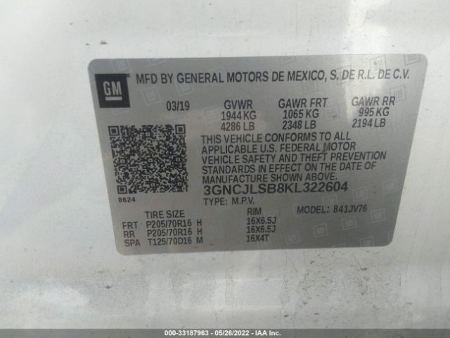 Photo 8 VIN: 3GNCJLSB8KL322604 - CHEVROLET TRAX 