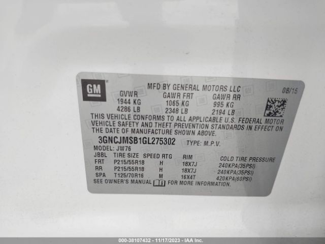 Photo 8 VIN: 3GNCJMSB1GL275302 - CHEVROLET TRAX 