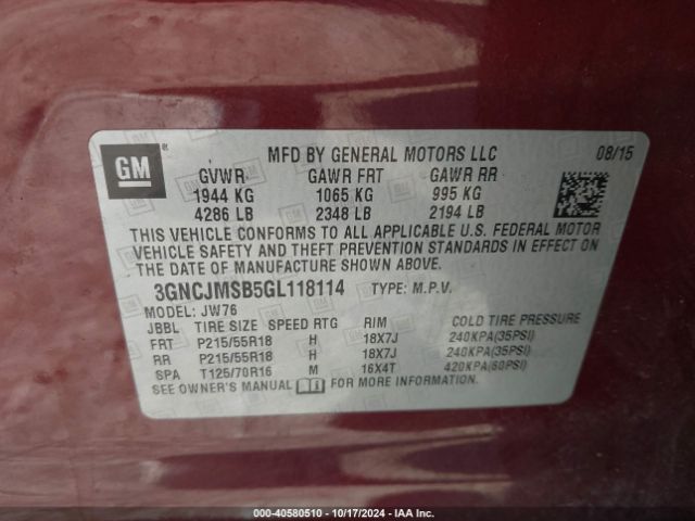 Photo 8 VIN: 3GNCJMSB5GL118114 - CHEVROLET TRAX 