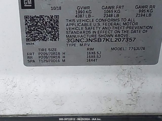 Photo 8 VIN: 3GNCJNSB7KL207357 - CHEVROLET TRAX 