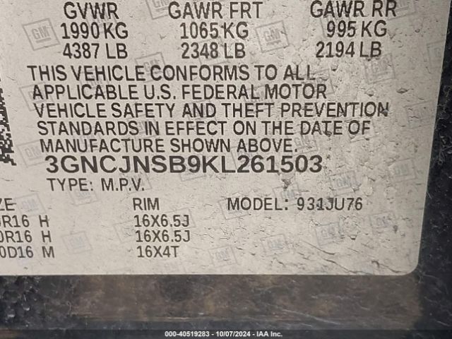 Photo 8 VIN: 3GNCJNSB9KL261503 - CHEVROLET TRAX 