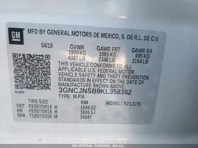 Photo 8 VIN: 3GNCJNSB9KL358362 - CHEVROLET TRAX 