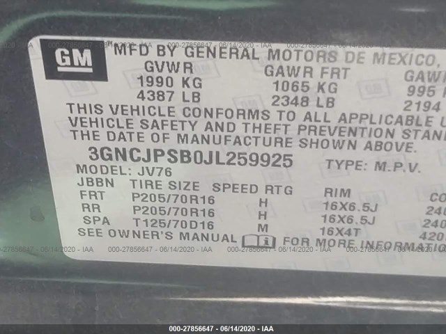 Photo 8 VIN: 3GNCJPSB0JL259925 - CHEVROLET TRAX 