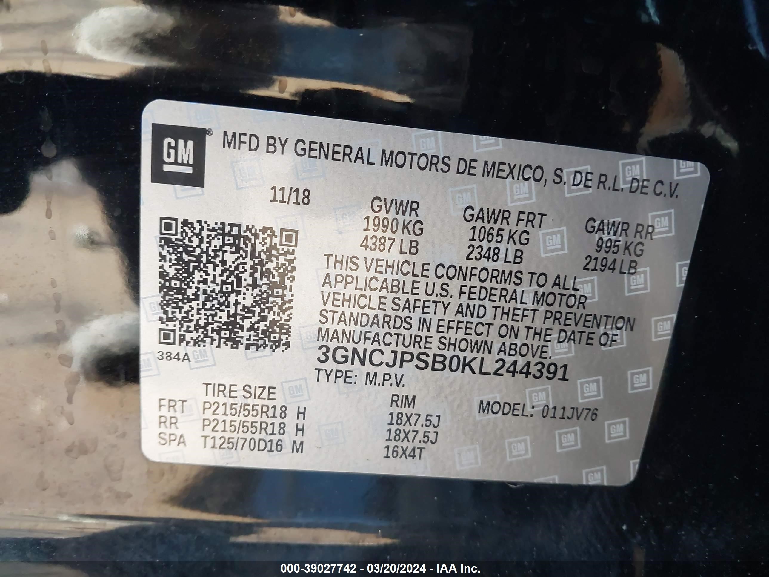 Photo 8 VIN: 3GNCJPSB0KL244391 - CHEVROLET TRAX 