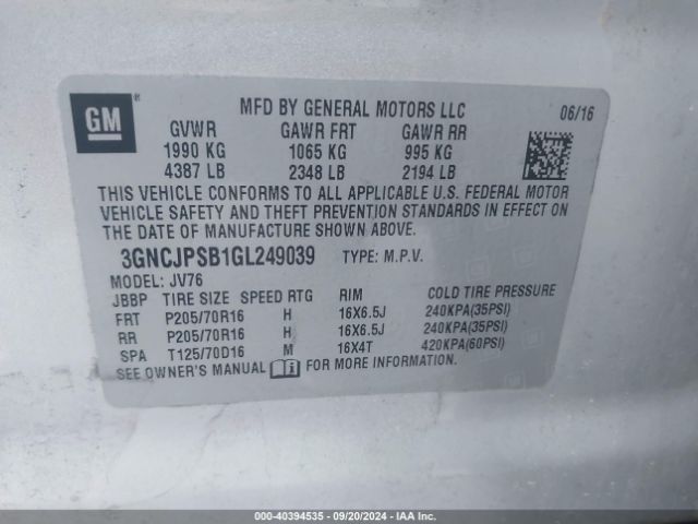 Photo 8 VIN: 3GNCJPSB1GL249039 - CHEVROLET TRAX 