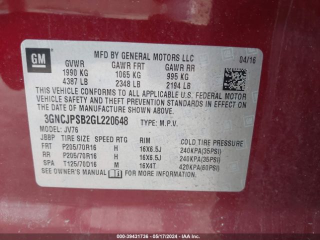 Photo 8 VIN: 3GNCJPSB2GL220648 - CHEVROLET TRAX 