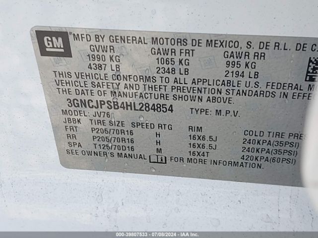 Photo 8 VIN: 3GNCJPSB4HL284854 - CHEVROLET TRAX 