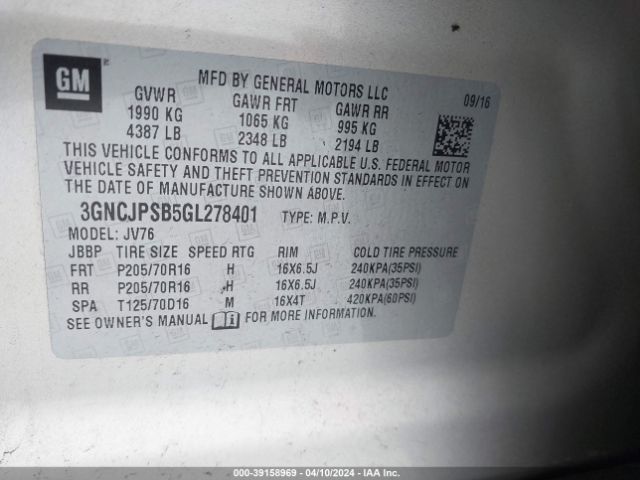 Photo 8 VIN: 3GNCJPSB5GL278401 - CHEVROLET TRAX 