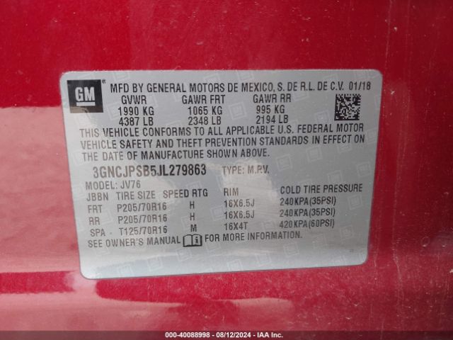 Photo 8 VIN: 3GNCJPSB5JL279863 - CHEVROLET TRAX 