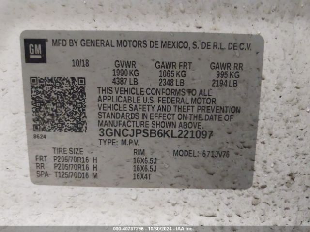 Photo 8 VIN: 3GNCJPSB6KL221097 - CHEVROLET TRAX 