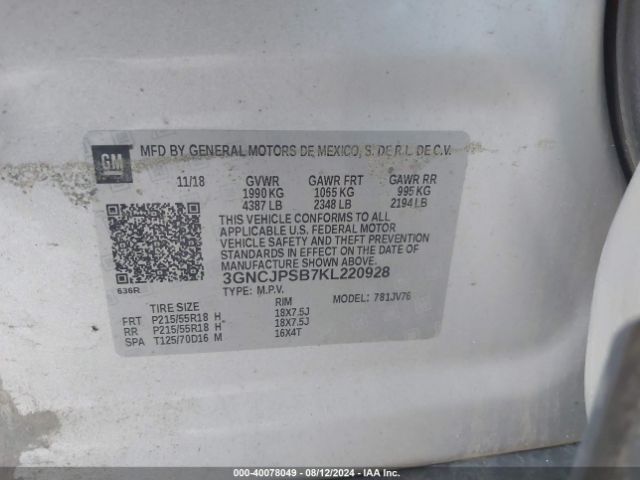 Photo 8 VIN: 3GNCJPSB7KL220928 - CHEVROLET TRAX 