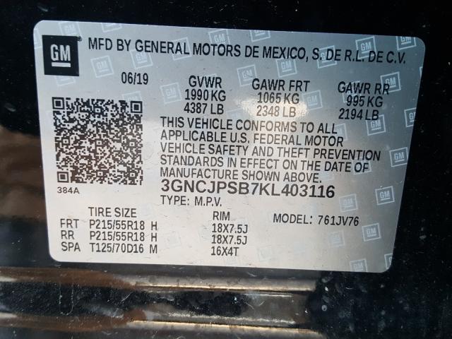 Photo 9 VIN: 3GNCJPSB7KL403116 - CHEVROLET TRAX 1LT 