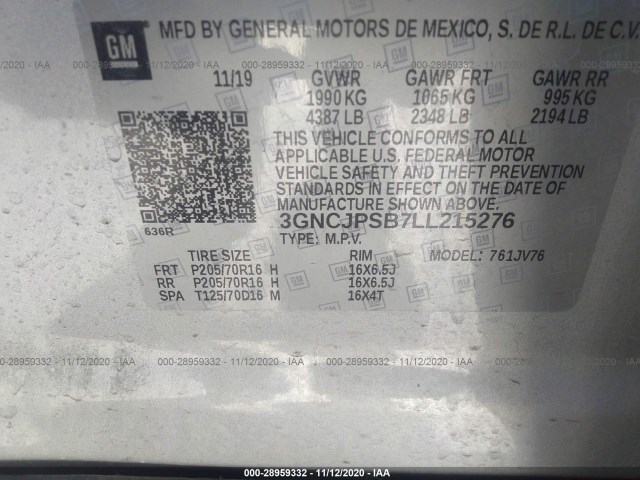 Photo 8 VIN: 3GNCJPSB7LL215276 - CHEVROLET TRAX 