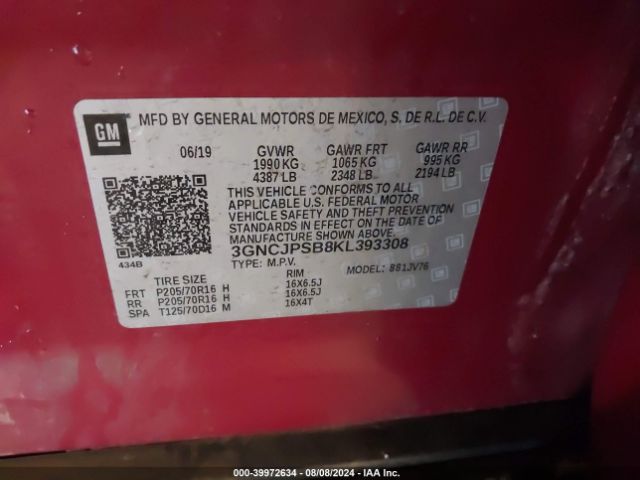 Photo 8 VIN: 3GNCJPSB8KL393308 - CHEVROLET TRAX 