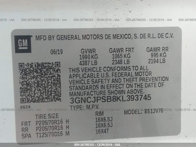 Photo 8 VIN: 3GNCJPSB8KL393745 - CHEVROLET TRAX 