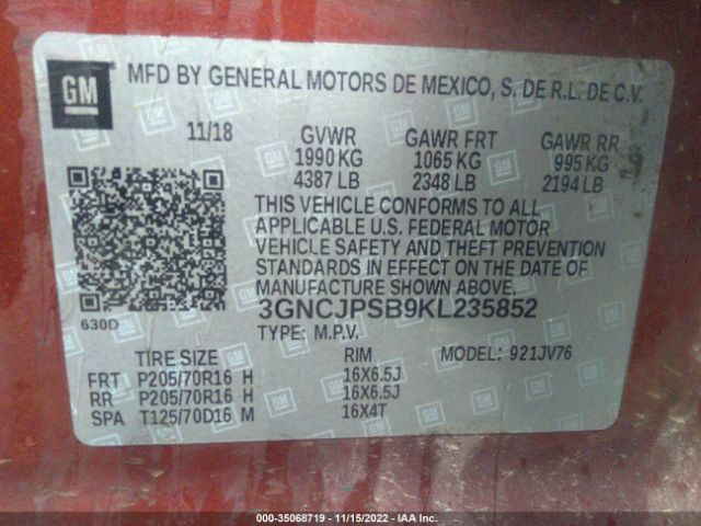 Photo 8 VIN: 3GNCJPSB9KL235852 - CHEVROLET TRAX 