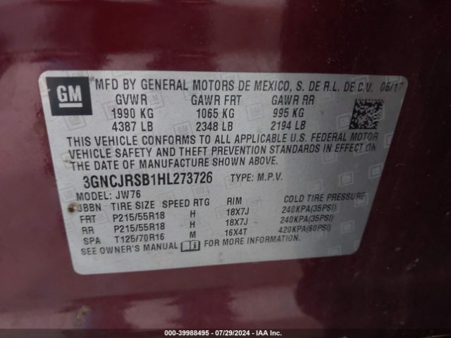 Photo 8 VIN: 3GNCJRSB1HL273726 - CHEVROLET TRAX 