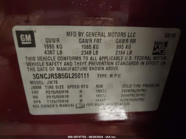 Photo 8 VIN: 3GNCJRSB5GL250111 - CHEVROLET TRAX 