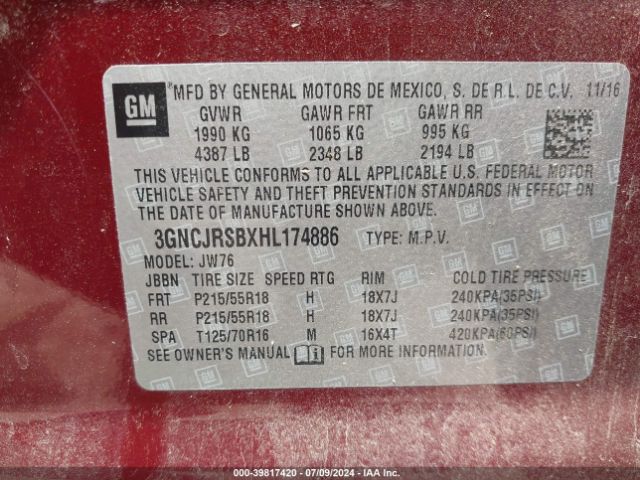 Photo 8 VIN: 3GNCJRSBXHL174886 - CHEVROLET TRAX 