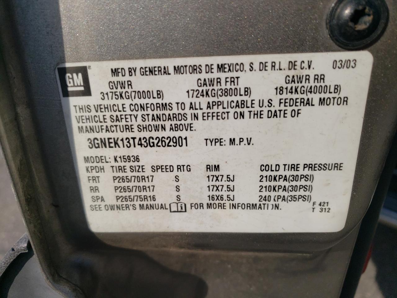 Photo 12 VIN: 3GNEK13T43G262901 - CHEVROLET AVALANCHE 