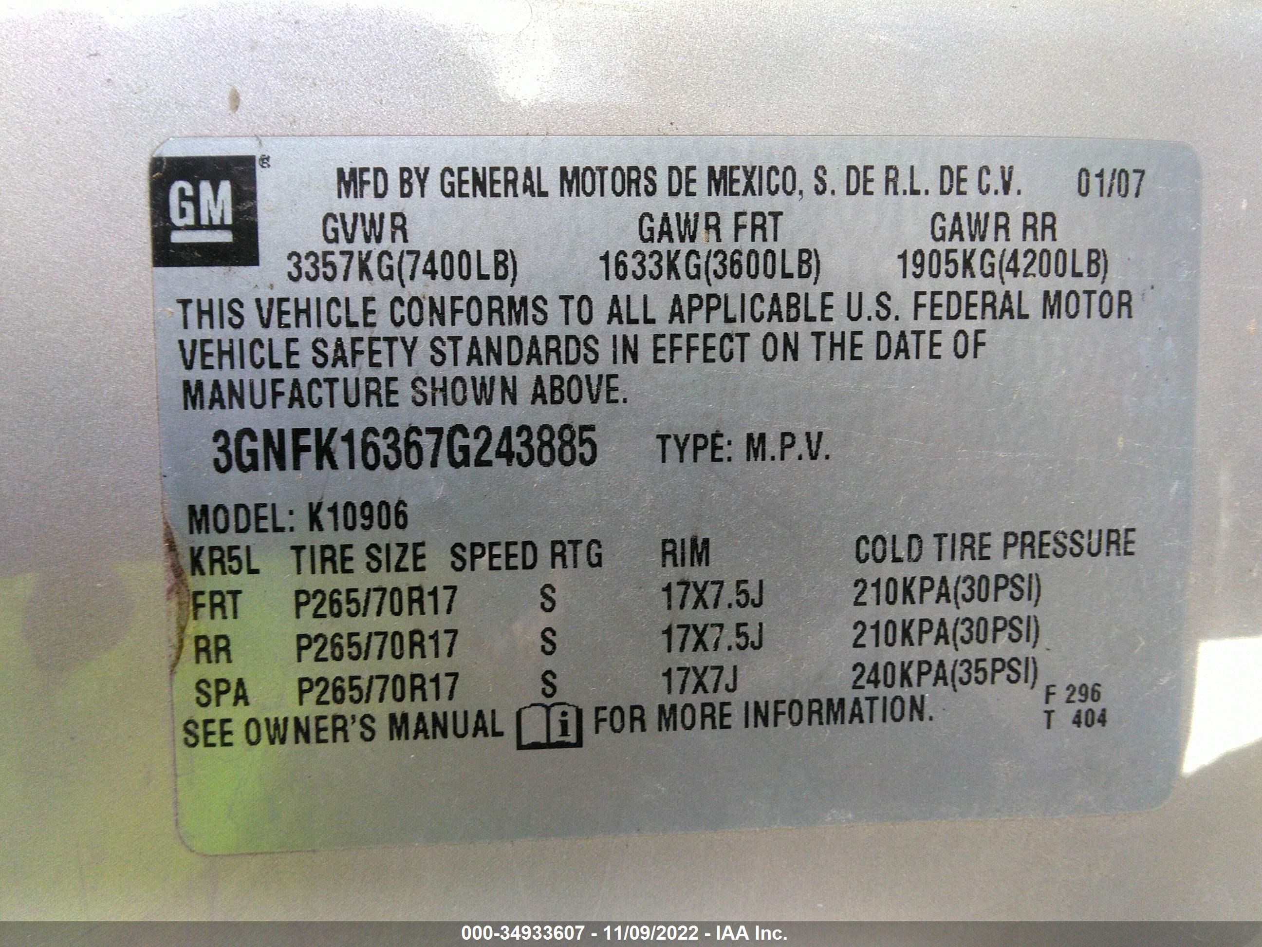 Photo 8 VIN: 3GNFK16367G243885 - CHEVROLET EXPRESS 