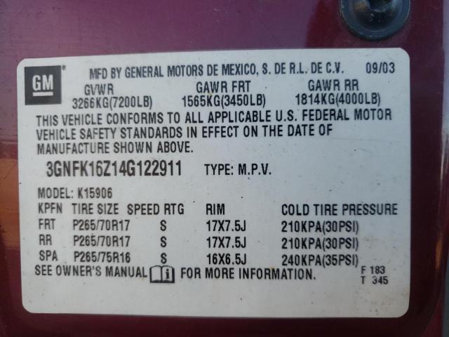 Photo 9 VIN: 3GNFK16Z14G122911 - CHEVROLET SUBURBAN K 