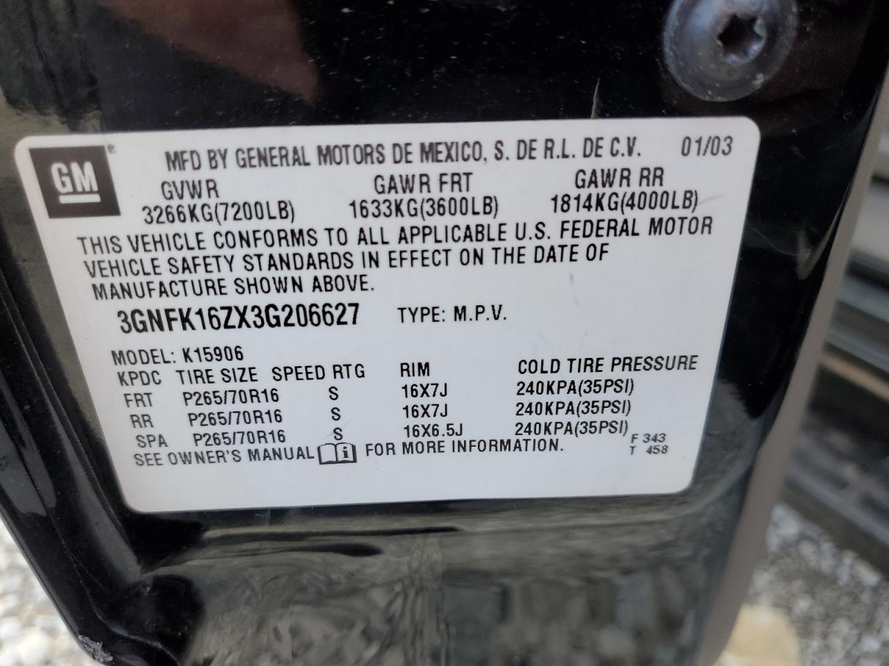 Photo 13 VIN: 3GNFK16ZX3G206627 - CHEVROLET SUBURBAN 