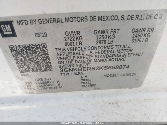 Photo 8 VIN: 3GNKBERS2KS668874 - CHEVROLET BLAZER 