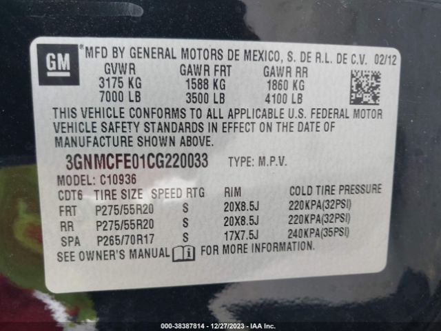 Photo 8 VIN: 3GNMCFE01CG220033 - CHEVROLET AVALANCHE 1500 