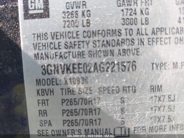 Photo 8 VIN: 3GNVKEE02AG221576 - CHEVROLET AVALANCHE 1500 