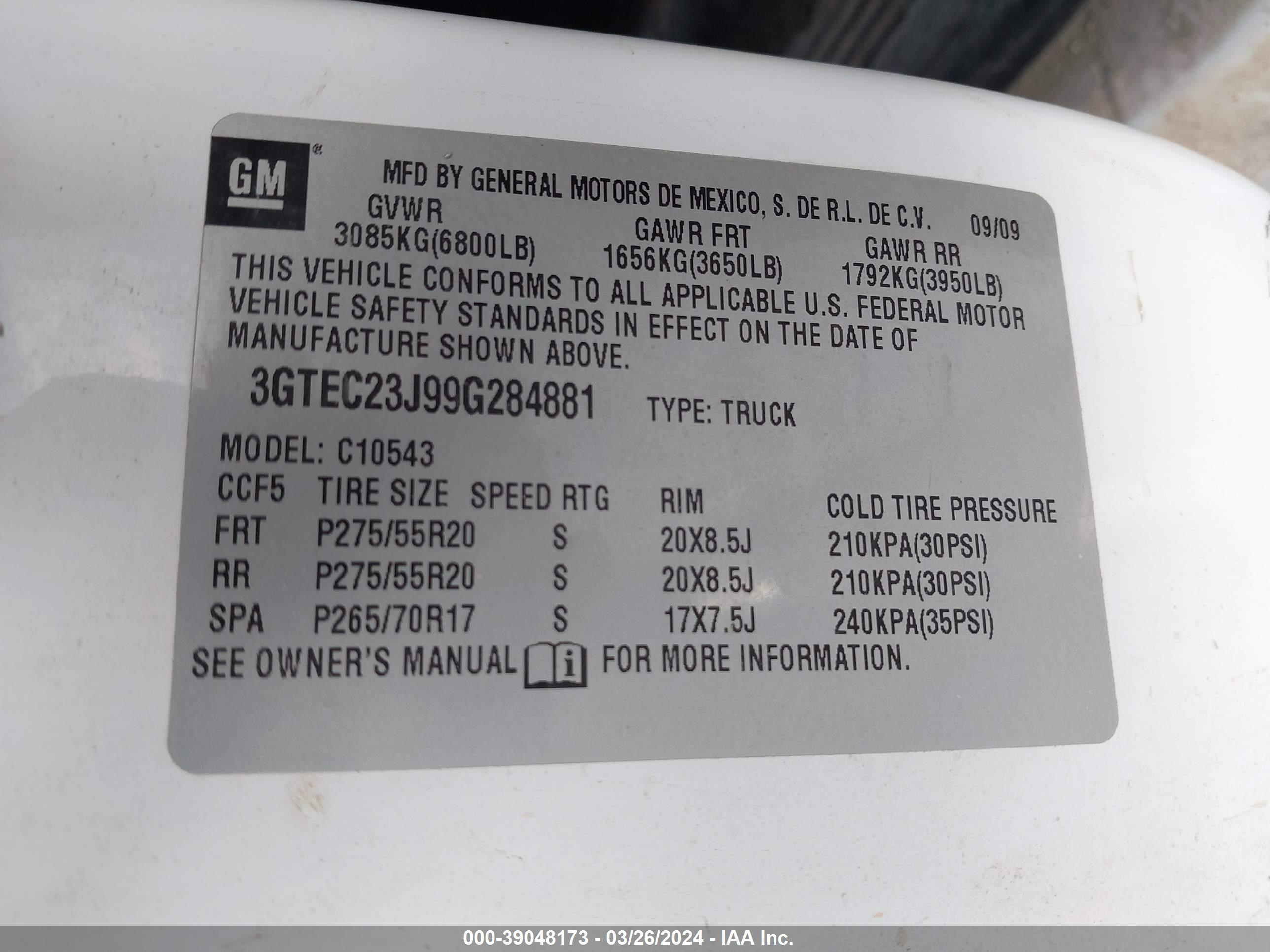 Photo 8 VIN: 3GTEC23J99G284881 - GMC SIERRA 