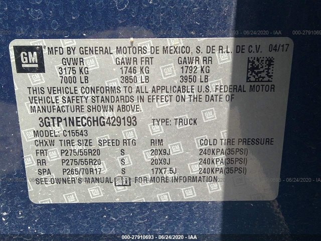 Photo 8 VIN: 3GTP1NEC6HG429193 - GMC SIERRA 1500 